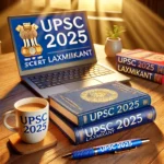 Realistic UPSC CSE 2025 IAS officer desk with badge and tricolor