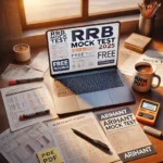 Realistic image of laptop with mock test open, PDF notes, sticky bookmarks, and coffee beside RRB preparation material