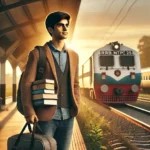 Realistic image of a candidate looking at a train from a platform, holding books and wearing a confident expression